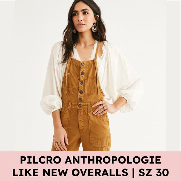 Anthropologie Pants - Pilcro Anthropologie Utility Overalls Button Front Bib Caramel Brown Workwear 30